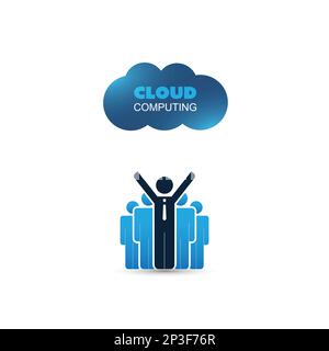 Cloud Computing Design Concept with Standing Happy Business Men and Icons. Stock Vector