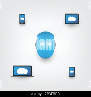 Blue Machine Learning, Artificial Intelligence and Smart Communication Design Concept with Mobile Devices and Robot Head Stock Vector