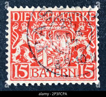 Cancelled postage stamp printed by Germany, Bayern, that shows Coat of arms, circa 1916. Stock Photo