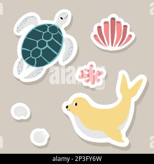 Cute vector stickers set with turtle, seal, algae, corals, shells.Underwater cartoon creatures.Marine animals.Cute ocean illustration for fabric Stock Vector