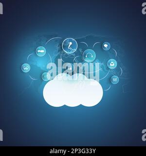Cloud Computing Design Concept with World Map and Icons Representing Digital Media and Services Stock Vector