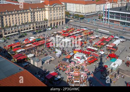 Aerial view of Altmarkt Square with Dresden Autumn Market Fair - Dresden, Saxony, Germany Stock Photo