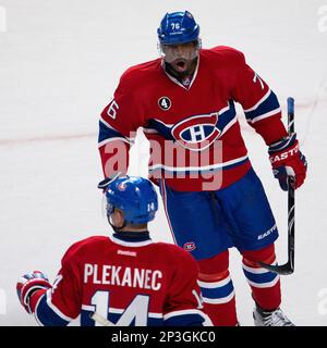 FEB 7 2015 Montreal Canadiens defenseman P.K. Subban 76 reacts as Montreal Canadiens center Tomas Plekanec 14 scores a goal during an NHL game between the New Jersey Devils and the Montreal Canadiens ...