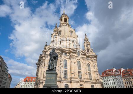 Frauenkirche Church and Martin Luther Statue at Neumarkt Square - Dresden, Soxony, Germany Stock Photo