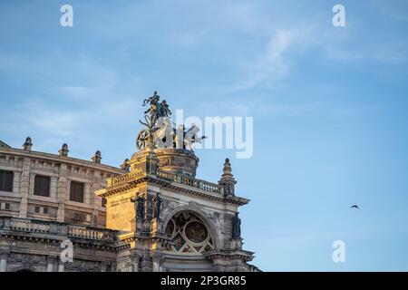 Quadriga sculpture on top of Semperoper Opera House at Theaterplatz - Dresden, Soxony, Germany Stock Photo