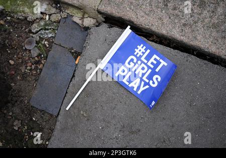 A flag saying #LetGirlsPlay on the ground outside the stadium before The FA Women's Continental Tyres League Cup final match at Selhurst Park, London. Picture date: Sunday March 5, 2023. Stock Photo