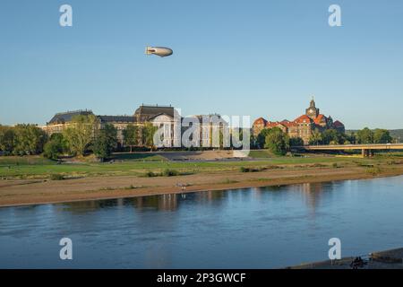 Elbe River with Saxon State Chancellery, Saxon State Ministry of Finance and Airship - Dresden, Soxony, Germany Stock Photo