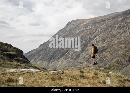Man stood on the highest mountain in Wales- Snowdon (Yr Wyddfa), a hiker in Snowdonia National Park enjoying the view (Eryri, Cymru) Stock Photo