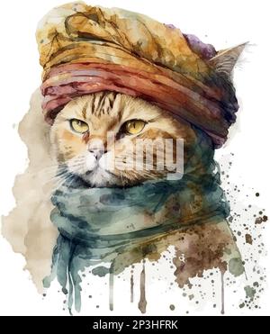 Turkish Cat with coffee cup. Muslim cat with turban. Watercolor Vector illustration for coffee houses. Isolated on white background. Can be used for m Stock Vector