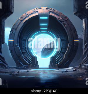 Futuristic blue glowing neon round portal. Sci fi metal construction. Time warp, traveling in space. Glowing Neon Dimension Portal Effect Stock Photo