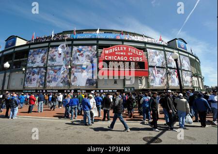 08 April 2012: A general view of the 'W' flag and the new video board  showing CUBS WIN after the Chicago Cubs defeated the Washington Nationals,  by the score of 4-3, at