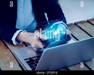 Cybersecurity, secure data technology on mobile phone device with protection shield. Virtual digital safety shield management tech display screen appe Stock Photo
