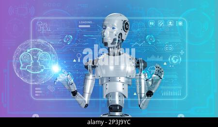 3d rendering human robot working and learning on virtual reality hologram interface display screen with digital big data tech and information. Ai robo Stock Photo
