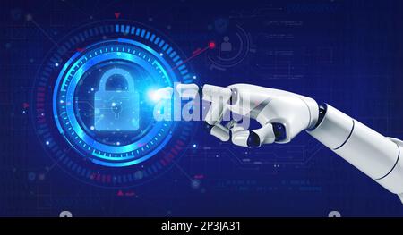 3d rendering robot's hand pointing on virtual reality hologram of protection digital padlock for data network and information security on blue. Ai rob Stock Photo