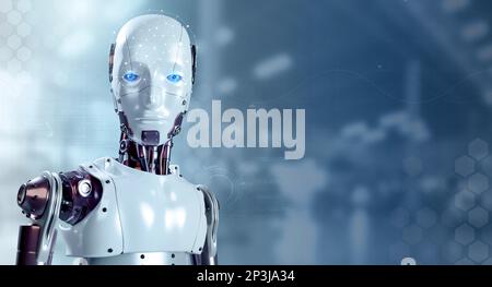 3d rendering of human robot cyborg portraits on blurred factory background with copy space, looking at camera. Futuristic AI robotic humanoid machine, Stock Photo