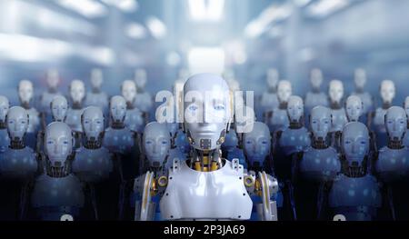 3d rendering of leader human robot portraits with robotics army, industrial group of cyborg machines on factory background. Futuristic AI robotic team Stock Photo