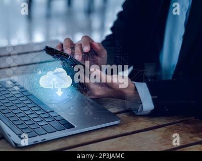 Cloud technology, data storage and backup system management concepts. Cloud computing diagram with digital pad lock icons on mobile smart phone in han Stock Photo