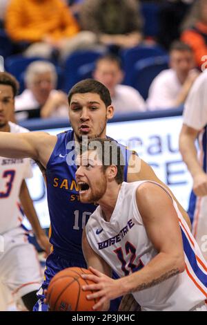 Jan 10, 2015; Laramie, WY, USA; Boise State Broncos guard Montigo Alford  (21) looks to pass against the Wyoming Cowboys during the second half at  Arena-Auditorium. The Cowboys beat the Broncos 65- …