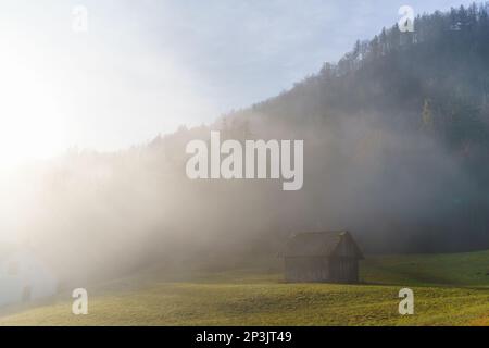 2022 12 30, Bled, Slovenia: A mountain hut on a foggy morning Stock Photo