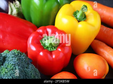 Heap of rainbow color assorted fresh vegetables for the concept of WELL BEING Stock Photo
