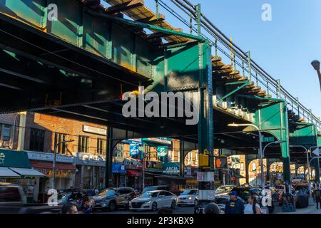 Cityscape around the Jackson Heights Subway Station in Queens, New York City. Stock Photo