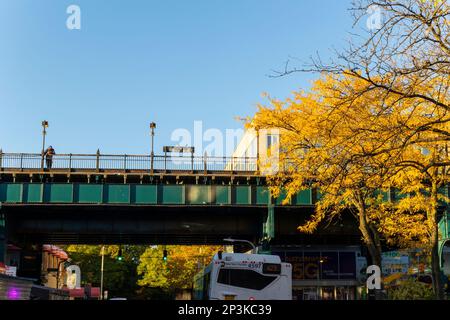 Cityscape around the Jackson Heights Subway Station in Queens, New York City. Stock Photo