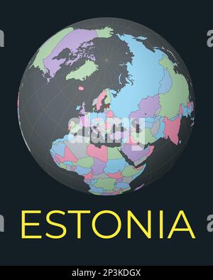 World map centered on Estonia. Red country highlighted. Satellite world view centered on the country with name. Vector Illustration. Stock Vector