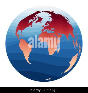 World Map Vector. Lambert azimuthal equal-area projection. World in red orange gradient on deep blue ocean waves. Authentic vector illustration. Stock Vector