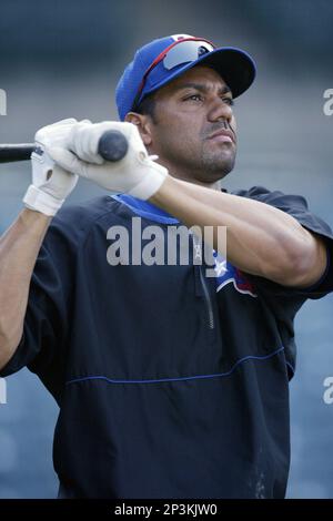 Juan Gonzalez of the Texas Rangers during a game against the Los Angeles  Dodgers at Dodger Stadium circa 1999 in Los Angeles, California. (Larry  Goren/Four Seam Images via AP Images Stock Photo 