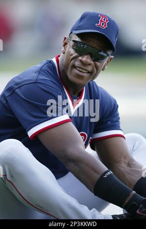 Rickey Henderson of the Boston Red Sox before a 2002 MLB season game  against the San Diego Padres at Qualcomm Stadium, in San Diego, California.  (Larry Goren/Four Seam Images via AP Images