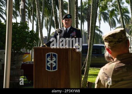FORT SHAFTER, Hawaii -- U.S. Army Pacific Commander Gen. Charles Flynn makes remarks during (not pictured) 18th Medical Command (Deployment Support) Maj. Gen. Paula Lodi's promotion ceremony at Fort Shafter, Hawaii, Feb. 10, 2023. Stock Photo