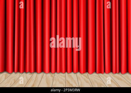 Theater stage with wooden floor and red curtains. Backstage. Realistic 3D vector illustration. Stock Vector