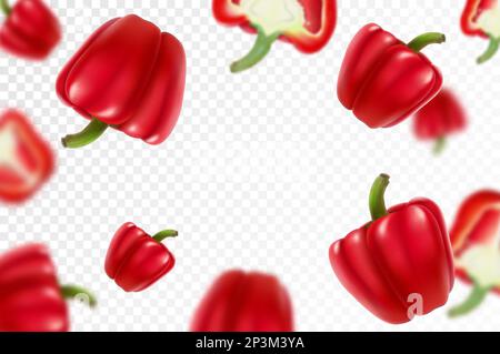 Falling red bell peppers isolated on a transparent background with clipping path as package design element and advertising. Flying vegetables with blu Stock Vector
