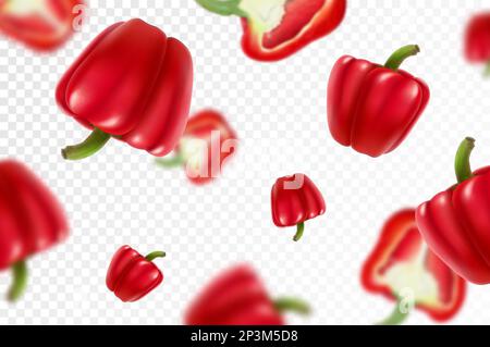 Falling red bell peppers isolated on a transparent background with clipping path as package design element and advertising. Flying vegetables with blu Stock Vector
