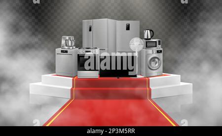 Illuminated podium or Pedestal with red path and household appliances: microwave oven, washing machine, refrigerator, stove, ,TV, dishwasher, kitchen Stock Vector
