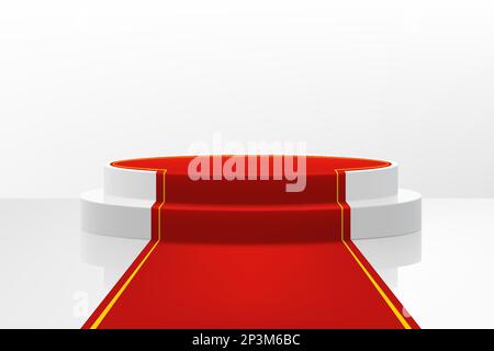 Illuminated stage podium with red path for award ceremony. Realistic 3d vector illustration, vip celebrity lifestyle concept. Stage for the winners an Stock Vector