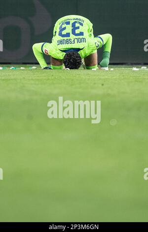 05 March 2023, Lower Saxony, Wolfsburg: Soccer: Bundesliga, VfL Wolfsburg - Eintracht Frankfurt, Matchday 23, Volkswagen Arena. Wolfsburg's Omar Marmoush celebrates after scoring the opening goal to make it 1:0. Photo: Swen Pförtner/dpa - IMPORTANT NOTE: In accordance with the requirements of the DFL Deutsche Fußball Liga and the DFB Deutscher Fußball-Bund, it is prohibited to use or have used photographs taken in the stadium and/or of the match in the form of sequence pictures and/or video-like photo series. Stock Photo