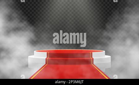 White podium with red path on dark background with smoke. Empty pedestal for award ceremony. Platform illuminated by spotlights. Realistic 3d Vector i Stock Vector