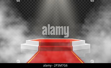 White podium with red path on dark background with smoke. Empty pedestal for award ceremony. Platform illuminated by spotlights. Realistic 3d Vector i Stock Vector