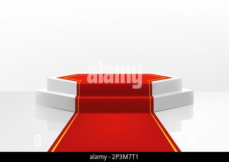 Illuminated stage podium with red path for award ceremony. Realistic 3d vector illustration, vip celebrity lifestyle concept. Stage for the winners an Stock Vector