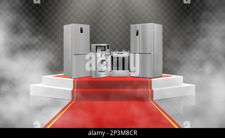 Illuminated podium or Pedestal with red path and household appliances: microwave oven, washing machine, refrigerator, stove, ,TV, dishwasher, kitchen Stock Vector