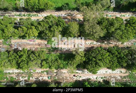 Ruins of destroyed factory above top drone view. Leftover of building plant structure Stock Photo