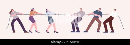 Man vs woman concept. Pulling rope female and male business team. Office workers competition, feminism, gender gap and confrontation vector scene Stock Vector