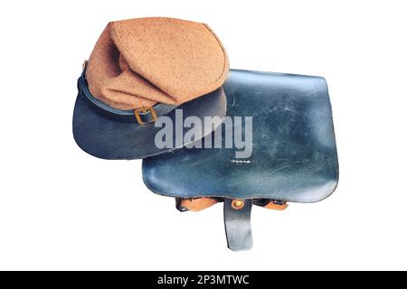 Cap and bag, military uniform of an American soldier during the civil war, isolated on a white background. Life of the military in America during the Stock Photo