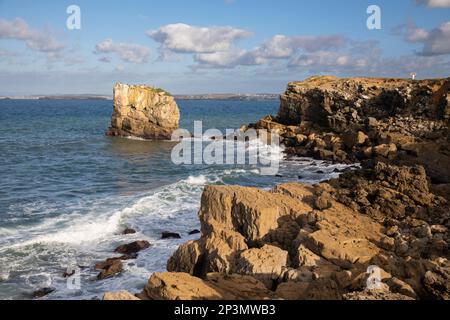 Atlantic Ocean waves breaking onto rocks at Limbo do Leste, Peniche, Central Region, Portugal, Europe Stock Photo
