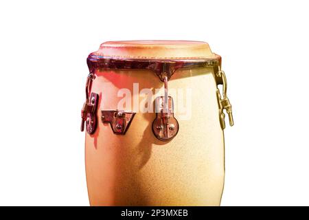 Traditional ethnic Cuban Djembe drum isolated on a white background. Percussion instruments made of wood covered with leather. Ethnic african drum set Stock Photo