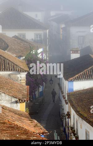 Foggy view along Rua Direita, Obidos, Central Region, Portugal, Europe Stock Photo