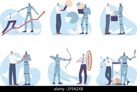 Robot and people. Robots vs business person on work. Programmers competition with ai, android working in office and analytics. Kicky robotic vector Stock Vector