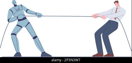 Robot vs person competition. Machine doing challenge to person, career battle. Businessman corporate struggle with artificial intelligence, kicky Stock Vector