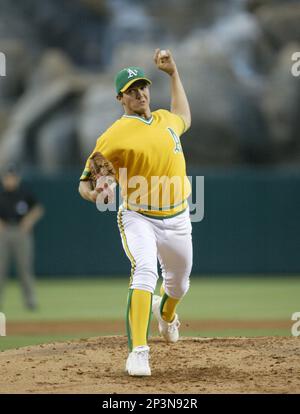 Barry Zito of the Oakland Athletics pitches during a 2002 MLB season game  against the Los Angeles Angels at Angel Stadium, in Anaheim, California.  (Larry Goren/Four Seam Images via AP Images Stock